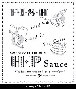 Original double page 1930s consumer magazine advertisement advertising HP SAUCE with fish Stock Photo