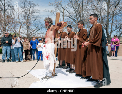 Re-enactement of the Passion of the Christ during Easter celebrations at the Chimayo Sanctuary, New Mexico. Stock Photo