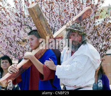 Re-enactement of the Passion of the Christ during Easter celebrations at the Chimayo Sanctuary, New Mexico. Stock Photo