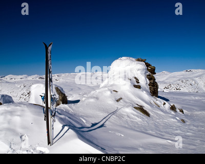 Pair of skis on summit. ski mountaineering in the Hardanger region of Norway Stock Photo
