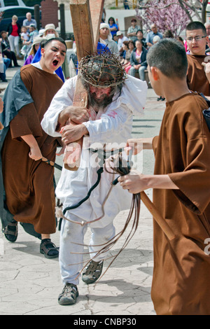 Re-enactement of the Passion of the Christ during Easter celebrations at the Chimayo Sanctuary, New Mexico. Stock Photo