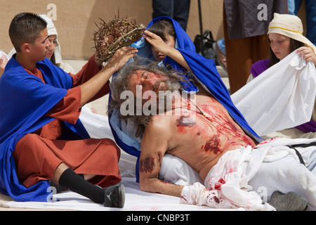 Re-enactement of the Passion of the Christ during Easter celebrations at the Chimayo Sanctuary, New Mexico. Stock Photo