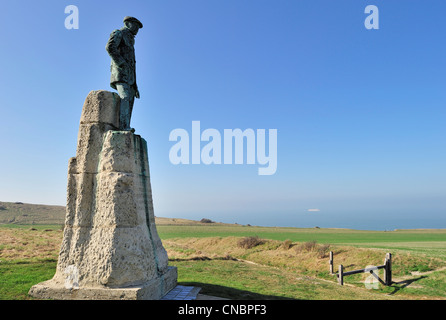 Statue of Hubert Latham, French aviation pioneer at Cap Blanc Nez, Côte d'Opale / Opal Coast, France Stock Photo