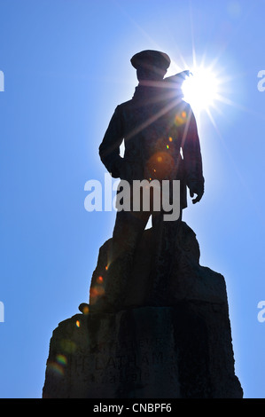 Silhouetted statue of Hubert Latham, French aviation pioneer at Cap Blanc Nez, Côte d'Opale / Opal Coast, France Stock Photo