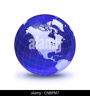 Earth globe stylized, in blue color, shiny and with white glowing grid. On white surface with dropped shadow. North America view Stock Photo