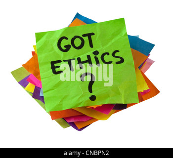 Got ethics? Are you ethical question. A stack of colorful reminder notes isolated on white with clipping path. Stock Photo