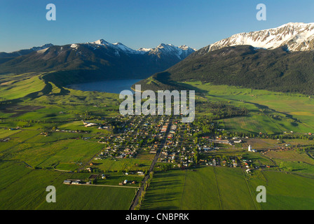 Aerial view of Joseph, Oregon with Wallowa Lake and the Wallowa Mountains in the background. Stock Photo