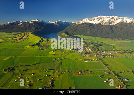 Aerial view of Joseph, Oregon with Wallowa Lake and the Wallowa Mountains in the background. Stock Photo