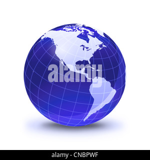 Earth globe stylized, in blue color shiny and with white glowing grid. On white surface with dropped shadow, Americas view. Stock Photo