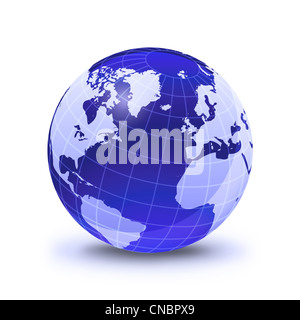 Earth globe stylized, in blue color shiny and with white glowing grid. On white surface with dropped shadow, Pacific Ocean view. Stock Photo