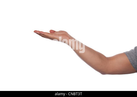 An empty hand being held out with lots of copy space for your text graphics or logo. Stock Photo