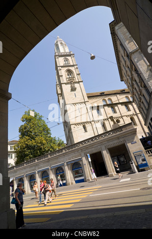 Vertical wide angle of the prominent landmark Grossmünster, Great Minster church, in Zurich's altstadt on a sunny day. Stock Photo