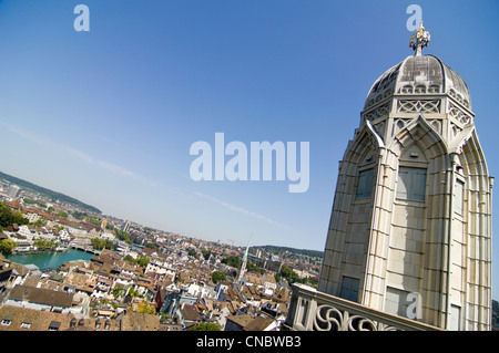 Horizontal wide angle view across the historical centre of Zürich on a bright sunny day from the Grossmunster. Stock Photo