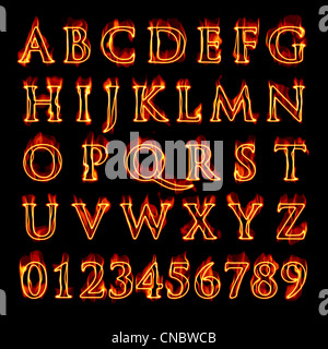 A set of fiery flaming letters and numbers isolated over black. Stock Photo