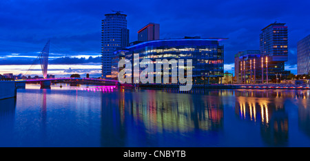 England, Greater Manchester, Salford quays, Media City at twilight Stock Photo