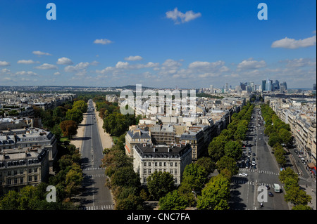 France, Paris, the royal axis from la Concorde to La Defense, avenue de la Grande Armee on the right, and the avenue Foch Stock Photo