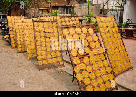 Crispy rice cakes drying in the sun, Luang Prabang, Luang Prabang Province, Laos Stock Photo