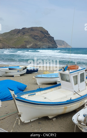 Traditional fishing boats ashore at Las Negras, Almeria, Spain Stock Photo
