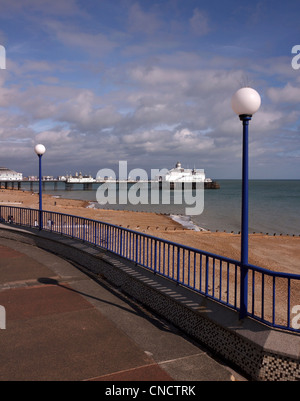 Eastbourne beach and pier seen from the promenade, Eastbourne, East Sussex, England, UK Stock Photo