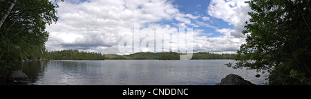 A wide angle panoramic view of the lower Saranac Lake and islands located in the upstate New York Adirondacks. Stock Photo