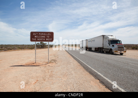 Signpost telling people they are passing the 26th Parallel in Western Australia. Stock Photo