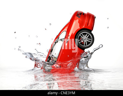 Red generic sedan car, falling into water splashing. Isolated on white background. Stock Photo