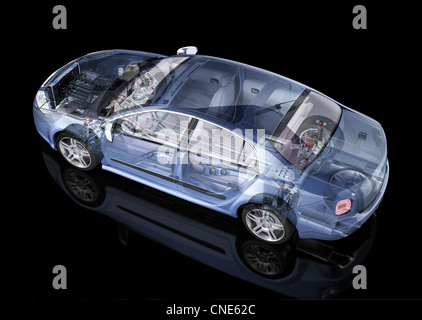 Generic sedan car detailed cutaway representation, with ghost effect, on black backgound. Side/Rear perspective view. Stock Photo