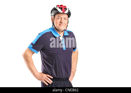 Portrait of a senior athlete wearing helmet isolated on white background Stock Photo