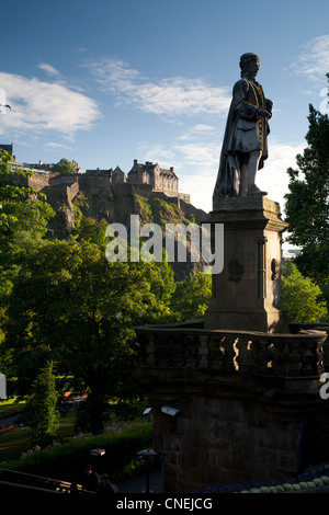 Statue of Allan Ramsay, with Edinburgh Castle beyond, seen from Princes ...