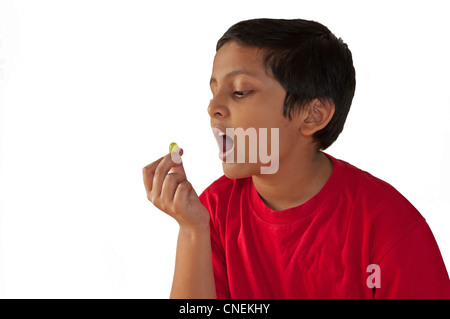 Asian, Indian, Bengali young boy eating grape, open mouth, isolated on white background with copy space Stock Photo