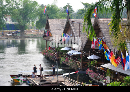 Restaurant by The Bridge over the River Kwai, Kanchanaburi, Kanchanaburi Province, Thailand Stock Photo