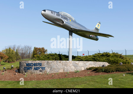 New York Air National Guard Lockheed T-33 at the entrance to the Westchester County Airport near White Plains, New York. Stock Photo