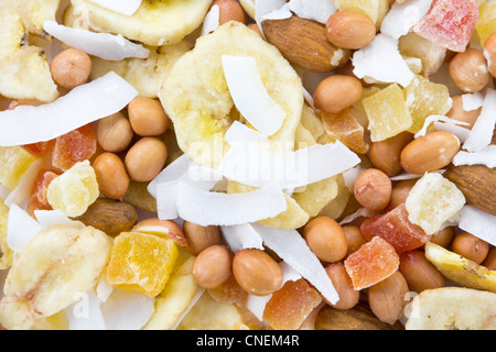 closeup picture of a bunch of nuts and dried fruits together Stock Photo
