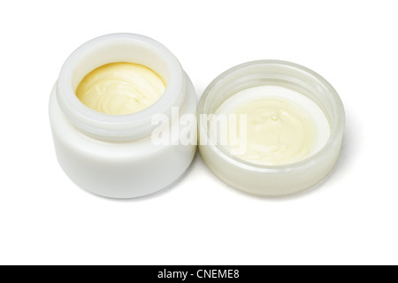 Open Container of Facial Cosmetic Cream on White Background Stock Photo