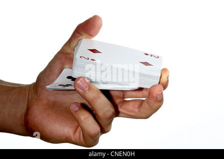 Holding cards in one hand Stock Photo