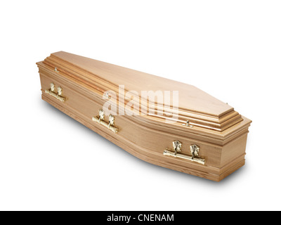 an oak coffin casket isolated on white with clipping path Stock Photo