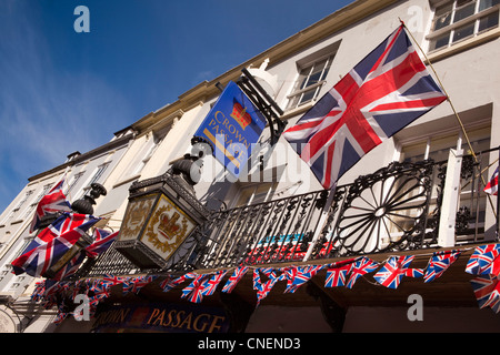 UK, England, Worcestershire, Worcester, Broad Street, Union Jack flags flying on balcony of Crown Hotel Stock Photo