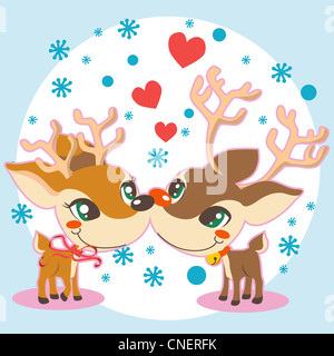 Rudolph and female reindeer kissing in love on Christmas Stock Photo