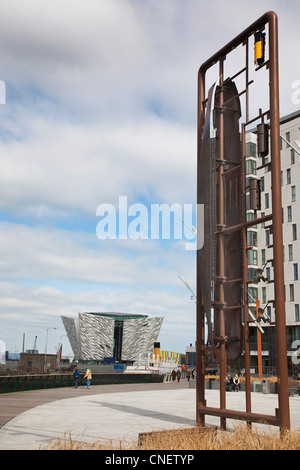 Ireland, North, Belfast, Titanic Quarter, Visitor centre designed by Civic Arts & Eric R Kuhne, with model making toy sculpture.