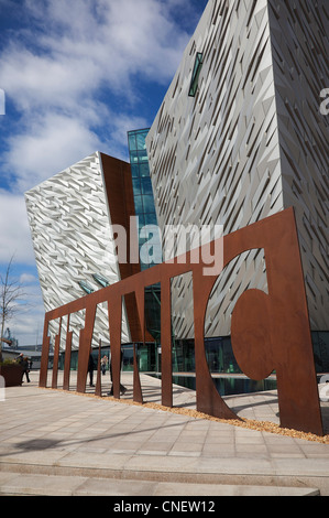 Ireland, North, Belfast, Titanic Quarter, Visitor centre designed by Civic Arts & Eric R Kuhne. Stock Photo