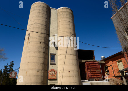 The Village Silos craft shops in historic flour Mill and rail car in St Jacobs Ontario Canada Stock Photo