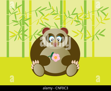 Cute Sitting Panda Holding Flower in Bamboo Forest Illustration Stock Photo