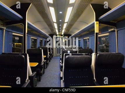 The refurbished interior of First Class aboard an East Midlands Trains Mark 3 Trailer First HST carriage. Stock Photo