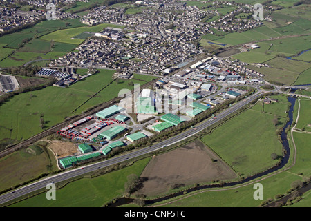 aerial view of an industrial estate at Cross Hills in Airedale near Keighley Stock Photo