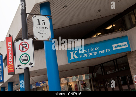 Fredericton Transit bus stop is pictured in front of Kings place mall in Fredericton, New Brunswick Stock Photo