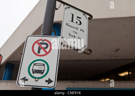 Fredericton Transit bus stop is pictured in front of Kings place mall in Fredericton, New Brunswick Stock Photo