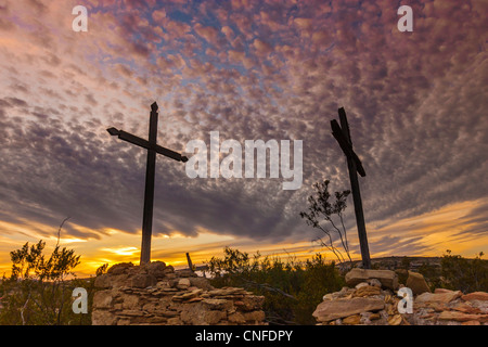 Sunset at Terlingua Cemetery in Terlingua, Texas. Stock Photo