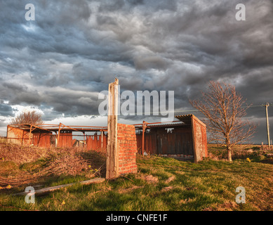 Storm clouds over sunlit deserted and ruined barn on farmland Stock Photo