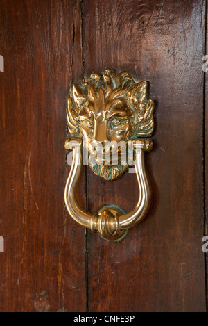 Door knocker on polished oak door in the shape of a brass lion head Stock Photo