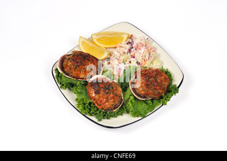 Plate of Cape Cod stuffed clams on lettuce  with breadcrumbs topping & cole slaw and lemons on the side Stock Photo